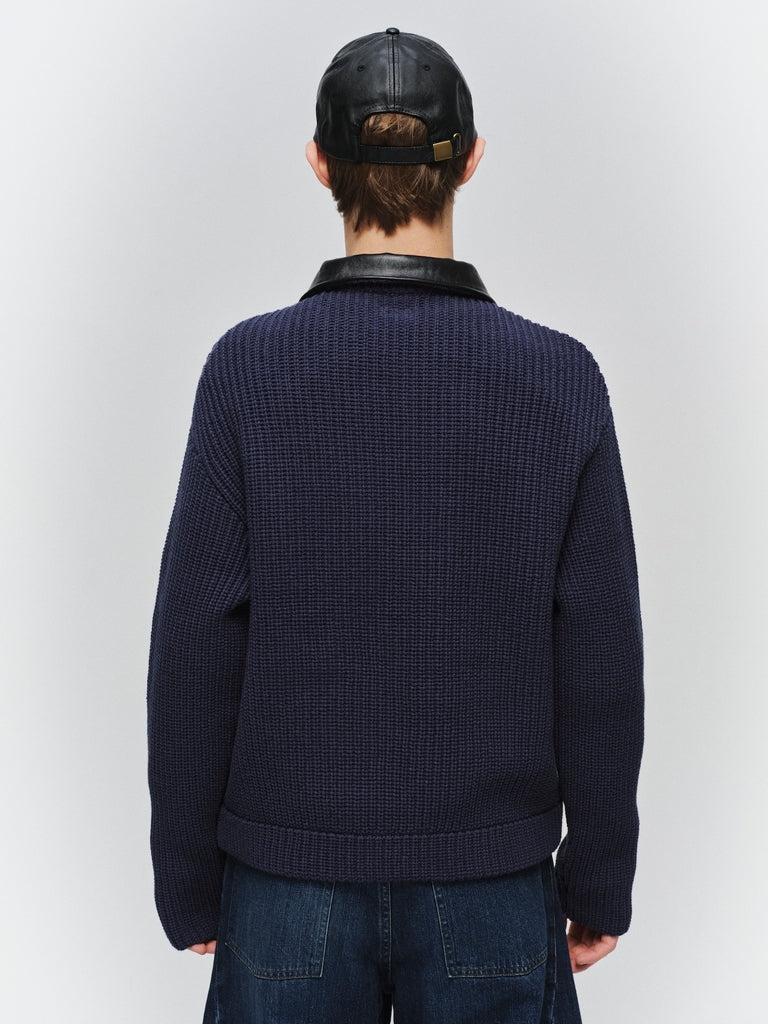 LEATHER-COLLAR KNIT WORK JACKET