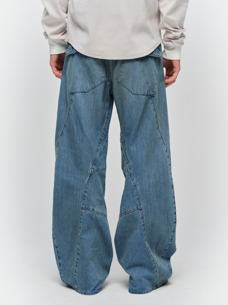 USED WASH ENGINEERED DRAPED FLARE DENIM PANTS