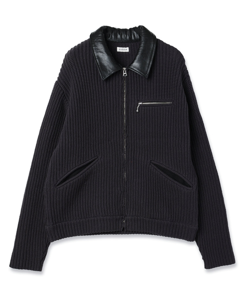 LEATHER-COLLAR KNIT WORK JACKET