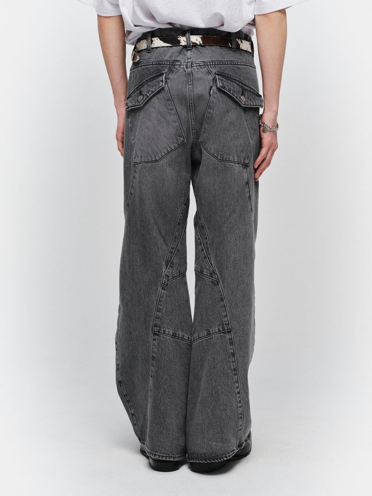 USED WASH ENGINEERED DRAPED FLARE DENIM PANTS