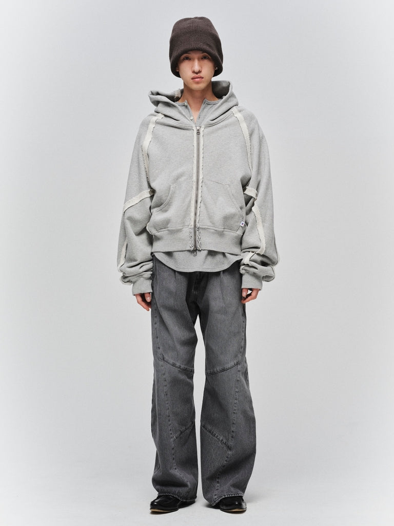 USED WASH ENGINEERED DRAPED FLARE DENIM PANTS
