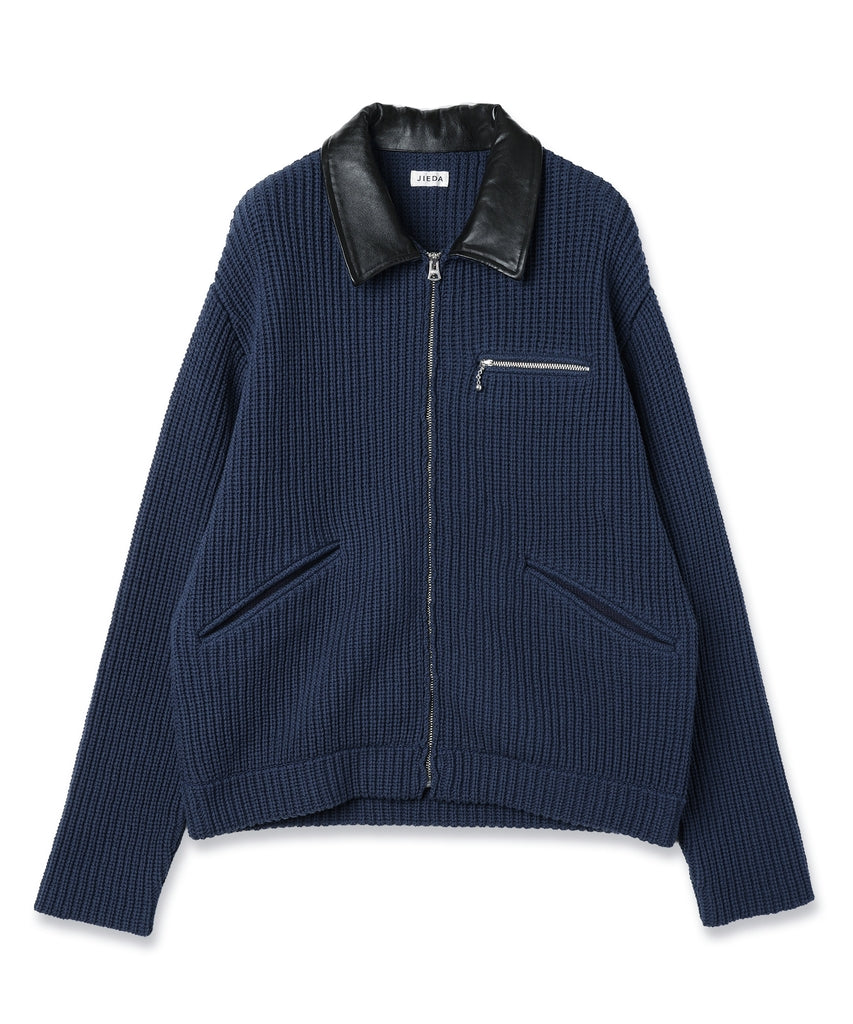 LEATHER-COLLAR KNIT WORK JACKET