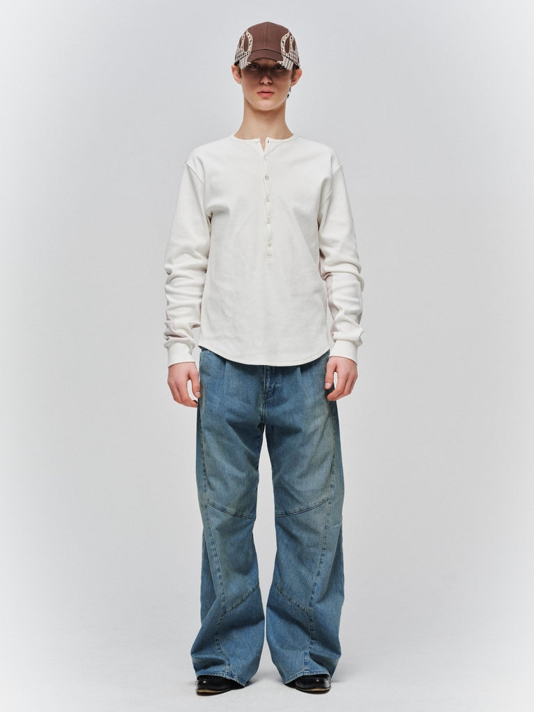 USED WASH ENGINEERED DRAPED FLARE DENIM PANTS