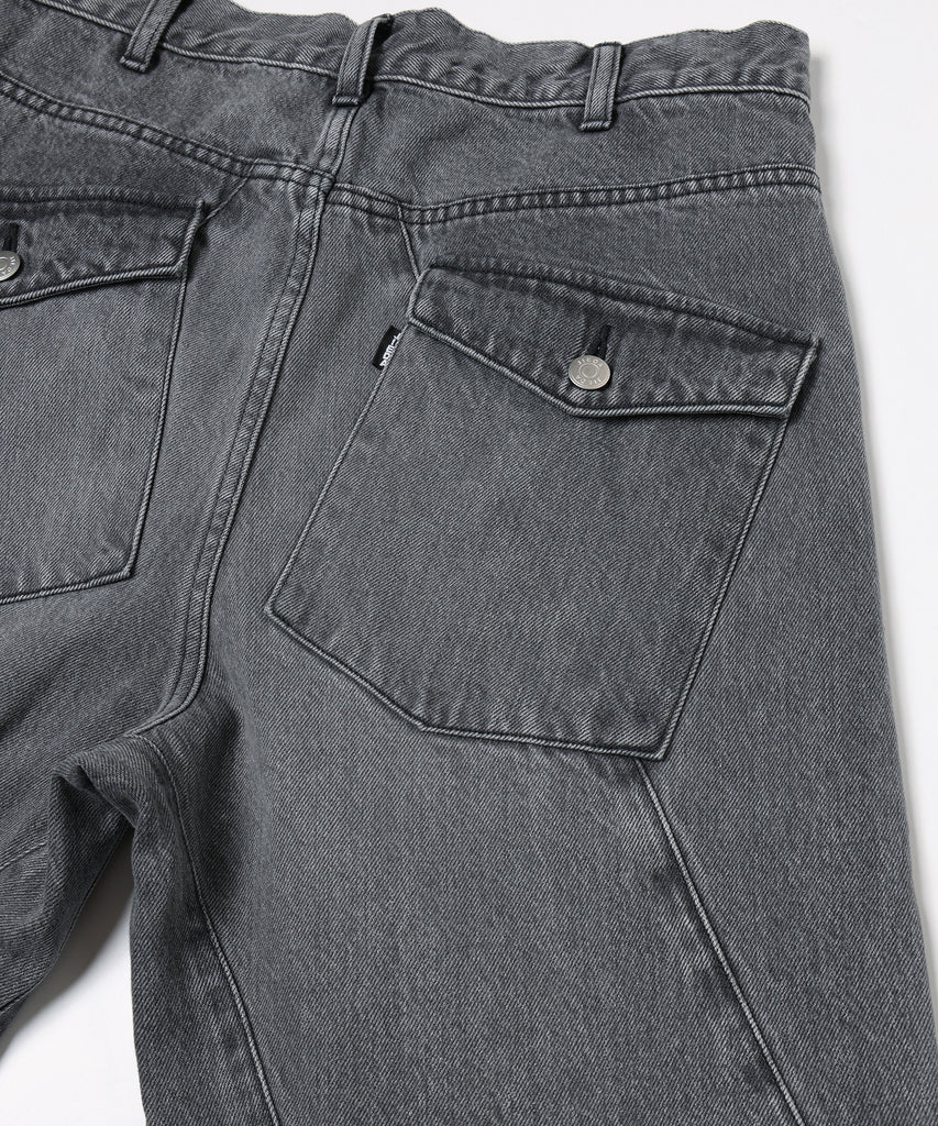 USED WASH ENGINEERED DRAPED FLARE DENIM PANTS