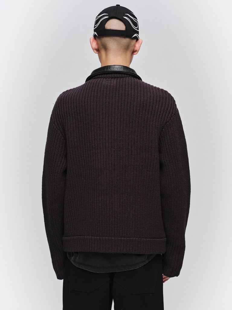 LEATHER-COLLAR KNIT WORK JACKET