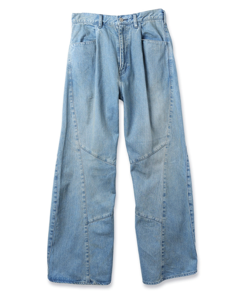 USED WASH ENGINEERED DRAPED FLARE DENIM PANTS