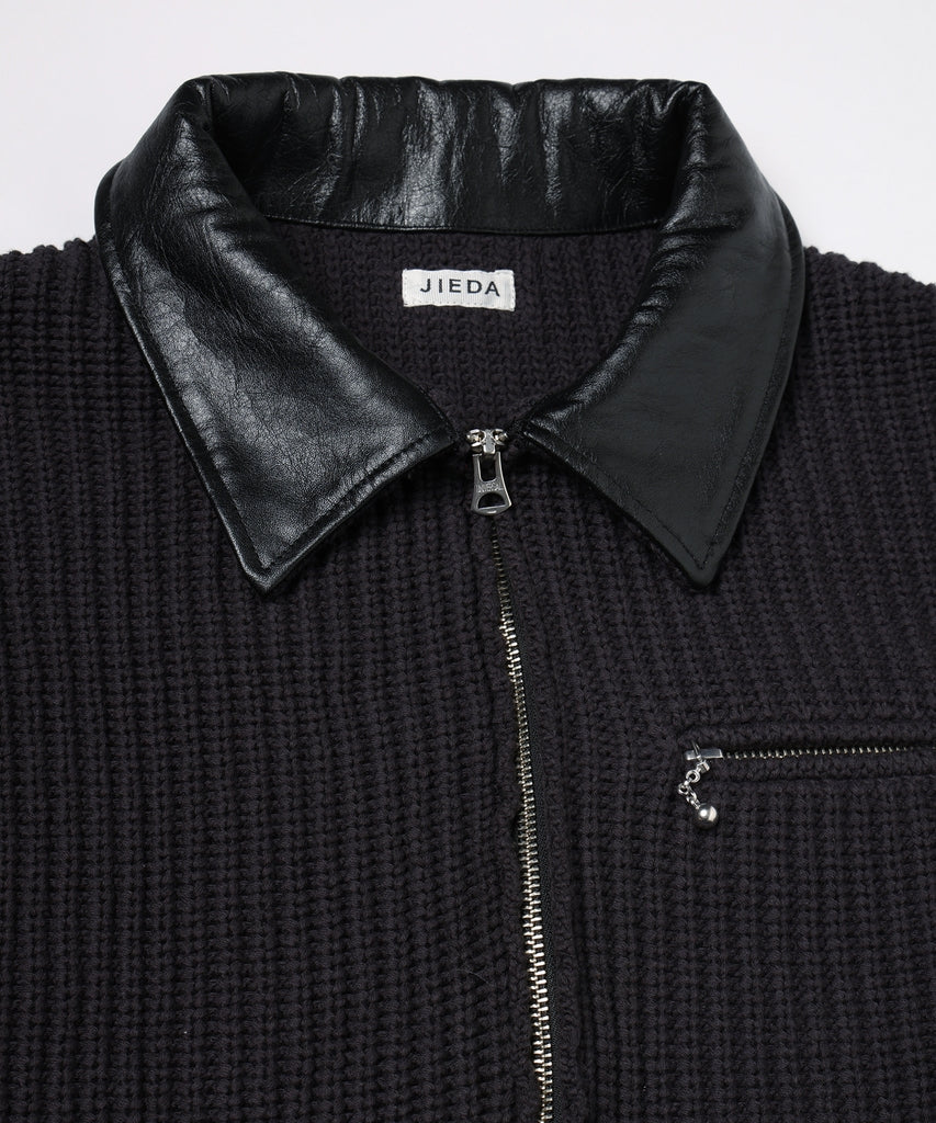 LEATHER-COLLAR KNIT WORK JACKET