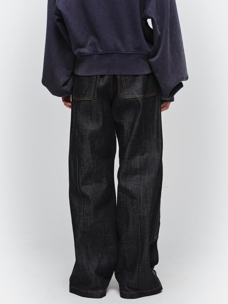 CUT OFF DOUBLE KNEE DENIM PANTS