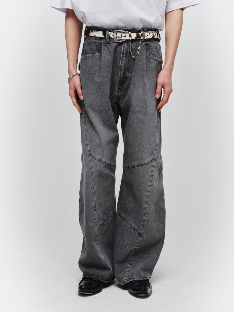 USED WASH ENGINEERED DRAPED FLARE DENIM PANTS
