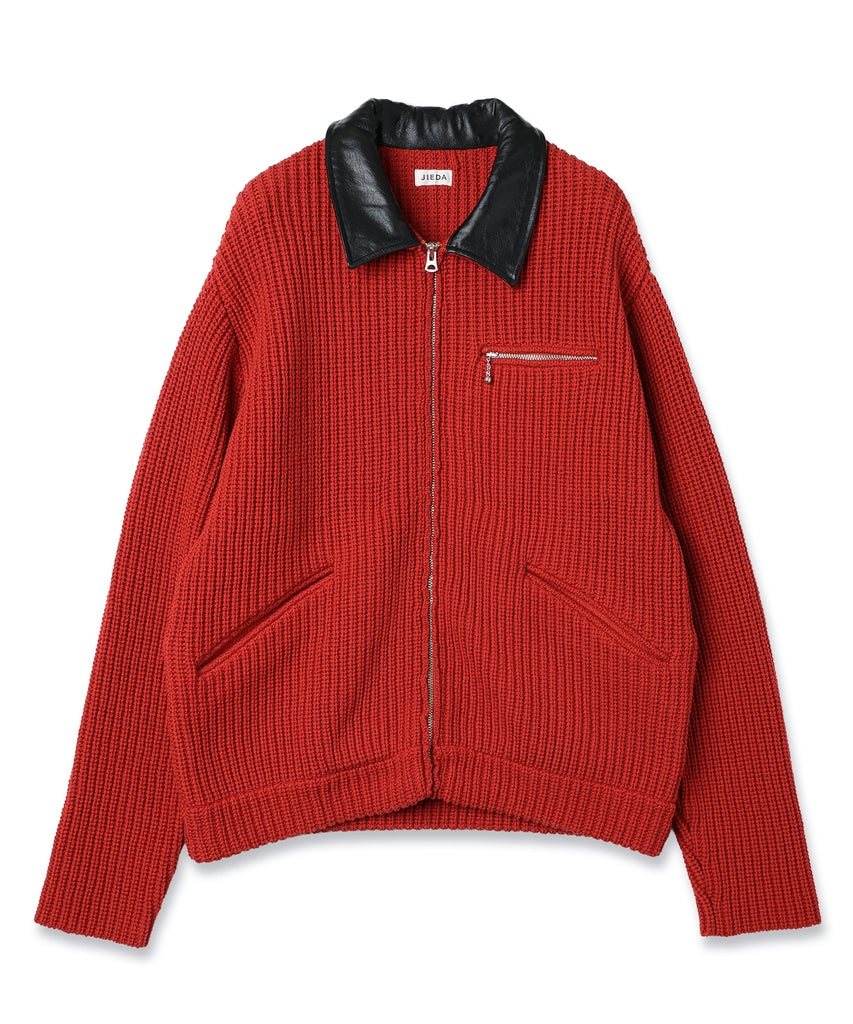 LEATHER-COLLAR KNIT WORK JACKET