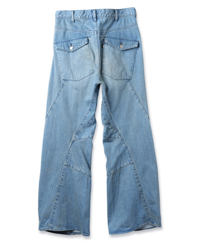USED WASH ENGINEERED DRAPED FLARE DENIM PANTS