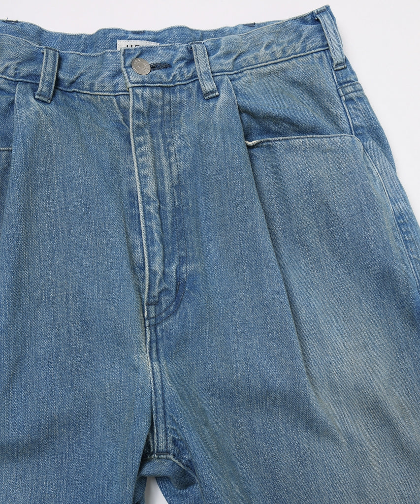 USED WASH ENGINEERED DRAPED FLARE DENIM PANTS