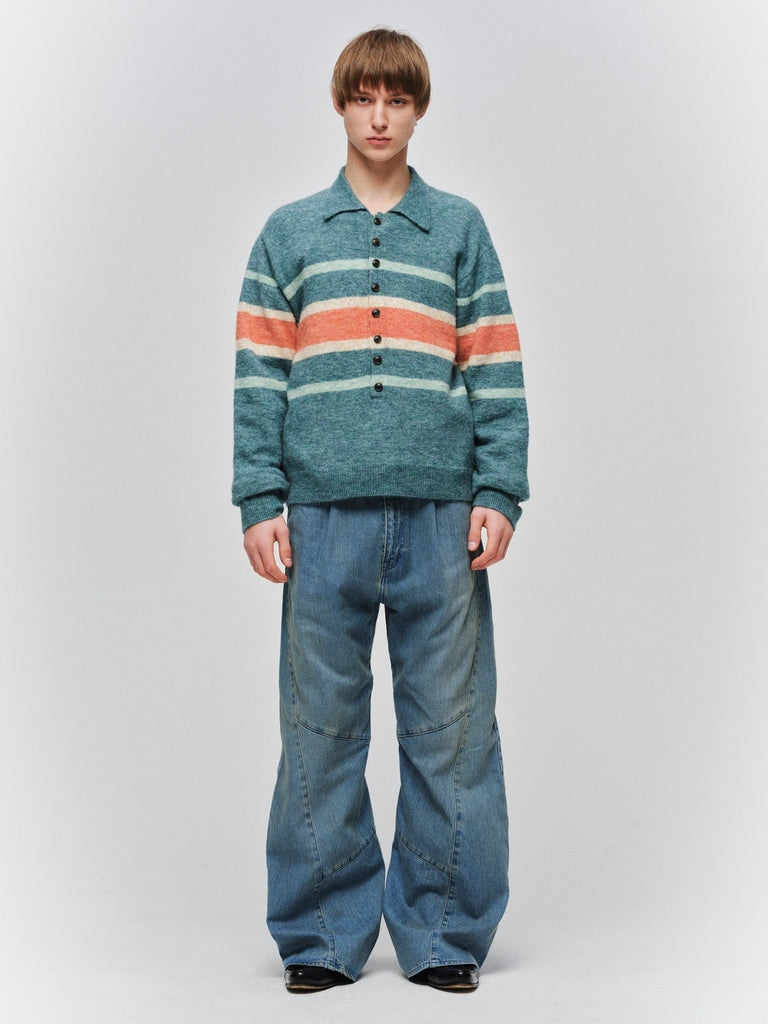 USED WASH ENGINEERED DRAPED FLARE DENIM PANTS