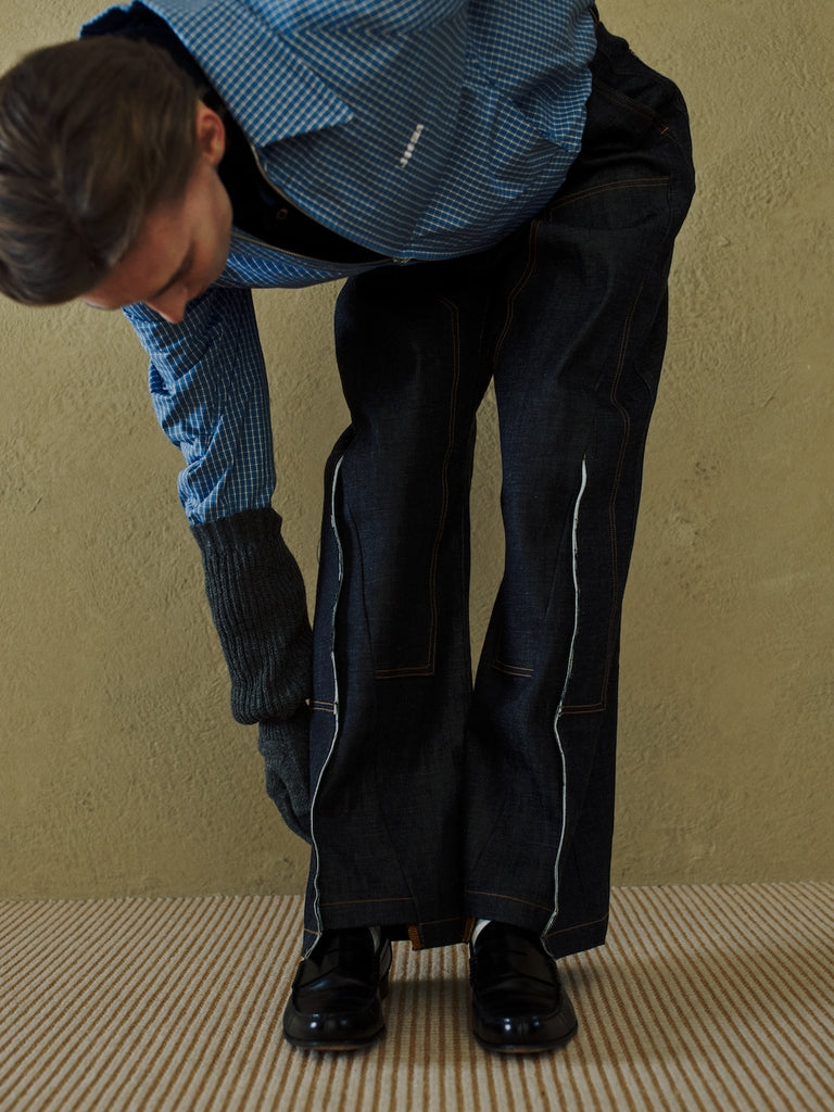 CUT OFF DOUBLE KNEE DENIM PANTS