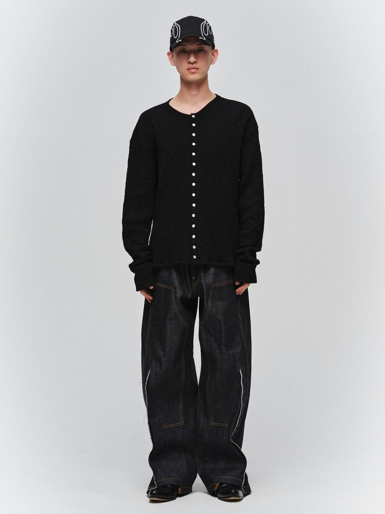 CUT OFF DOUBLE KNEE DENIM PANTS