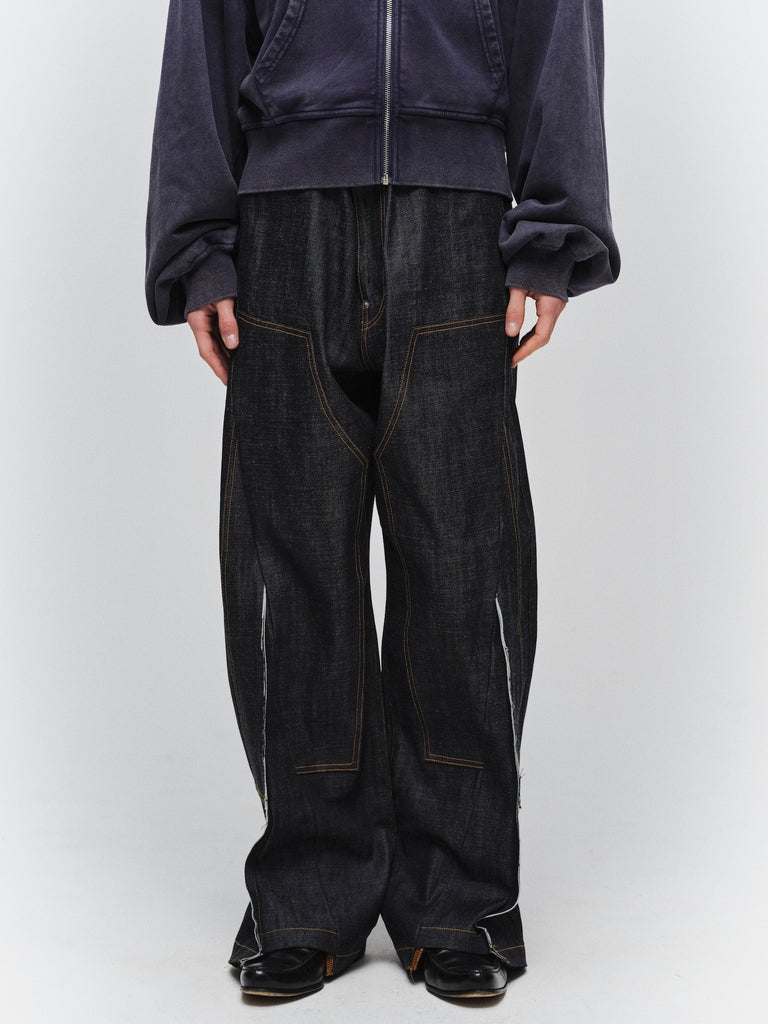 CUT OFF DOUBLE KNEE DENIM PANTS