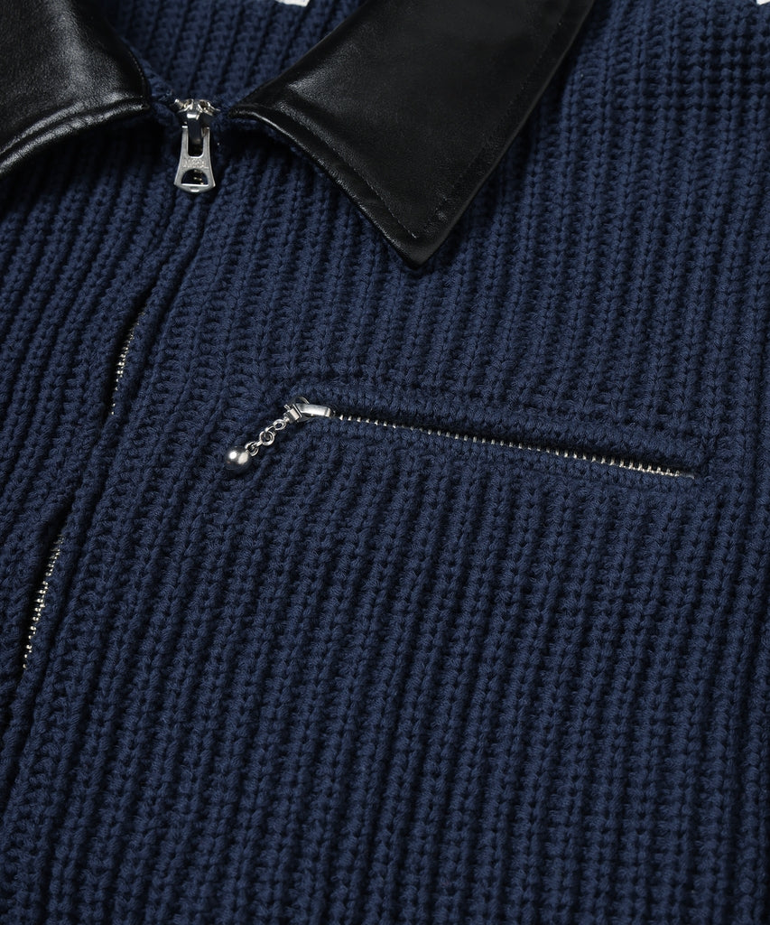 LEATHER-COLLAR KNIT WORK JACKET