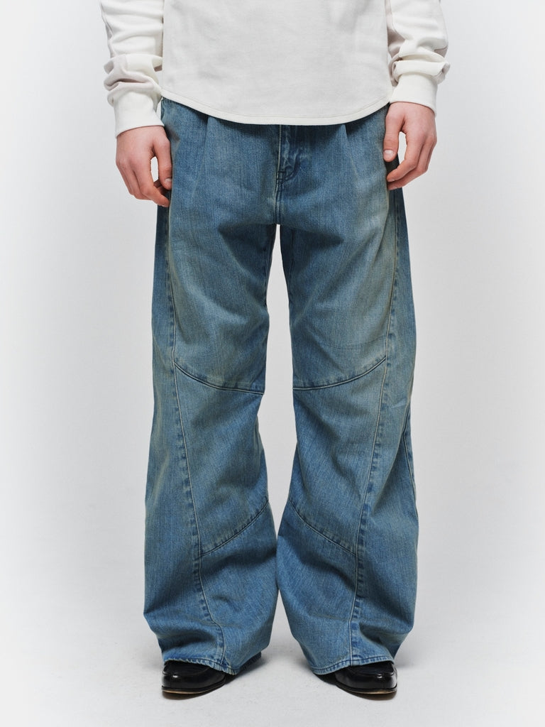 USED WASH ENGINEERED DRAPED FLARE DENIM PANTS
