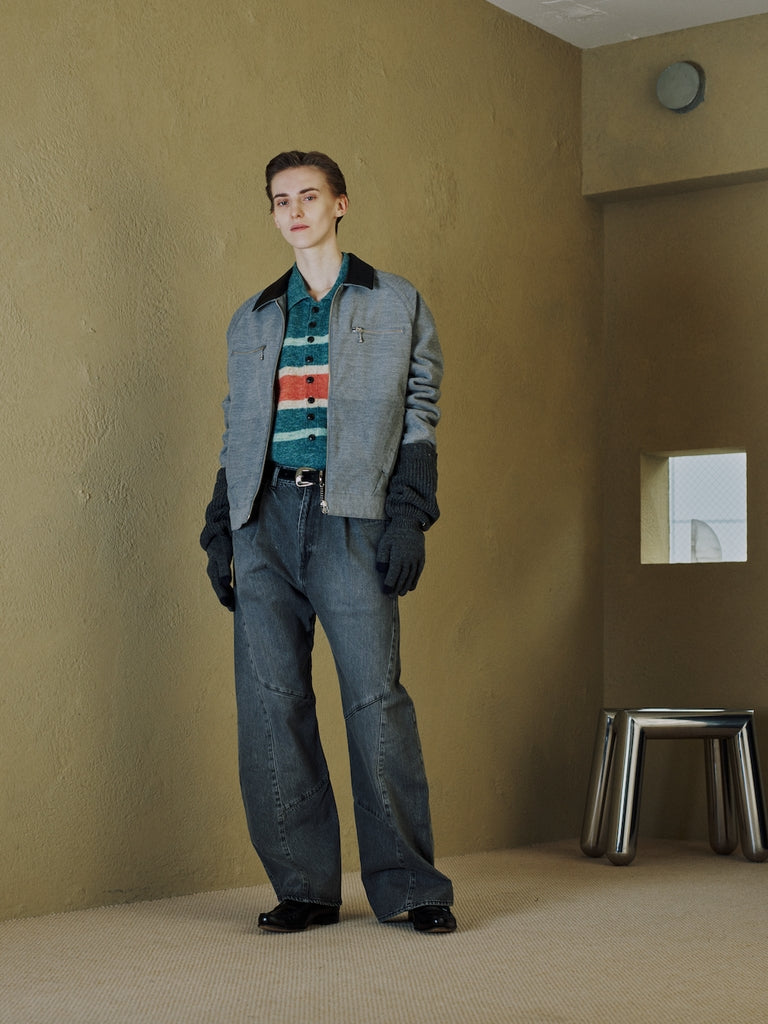 USED WASH ENGINEERED DRAPED FLARE DENIM PANTS