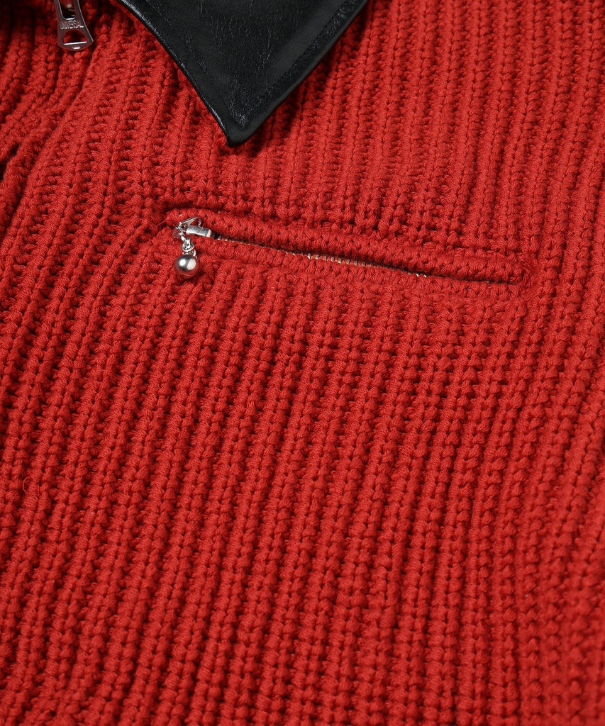 LEATHER-COLLAR KNIT WORK JACKET