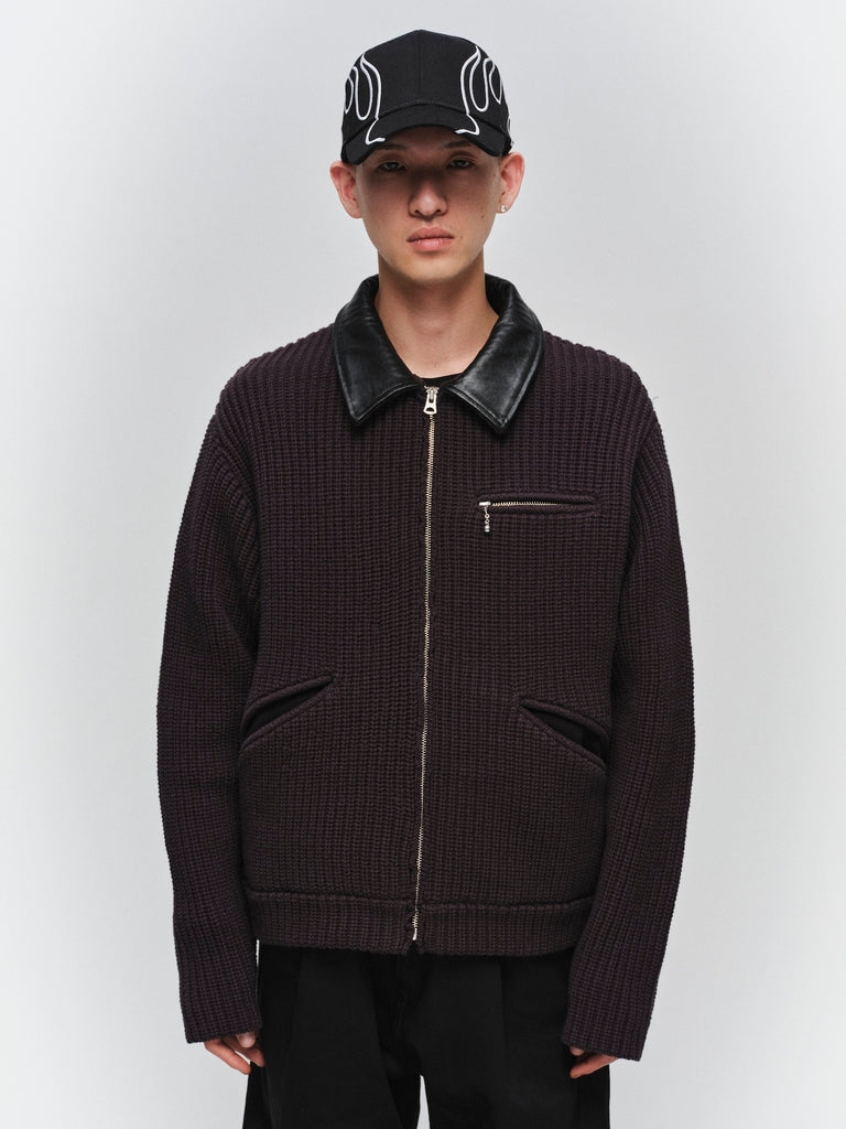 LEATHER-COLLAR KNIT WORK JACKET