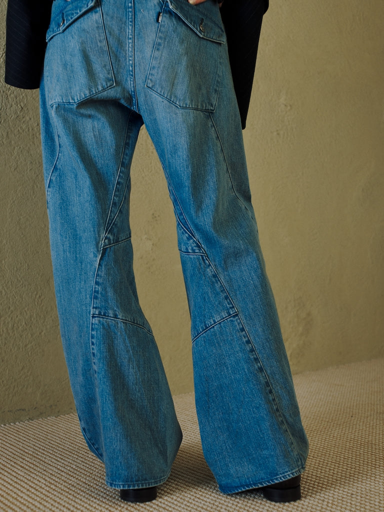 USED WASH ENGINEERED DRAPED FLARE DENIM PANTS