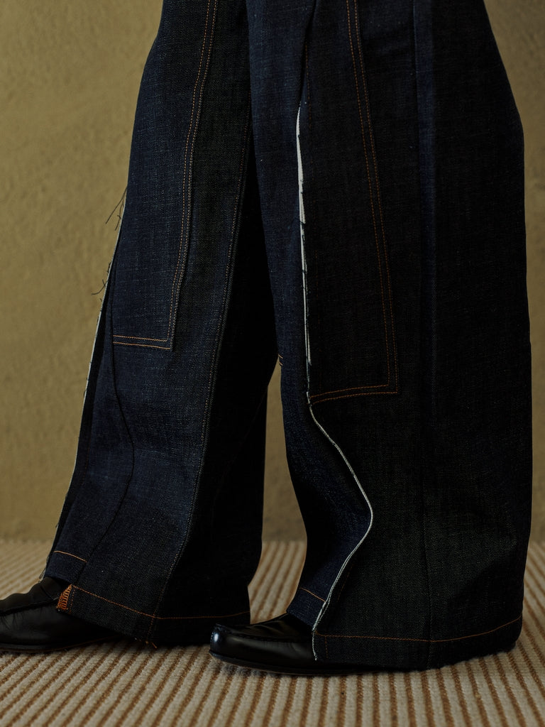 CUT OFF DOUBLE KNEE DENIM PANTS